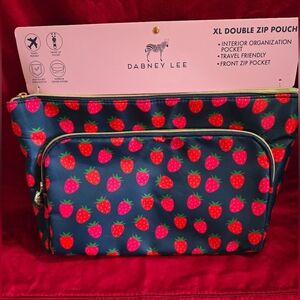 Dabney Lee XL Navy Pouch with Red Strawberry Print NWT